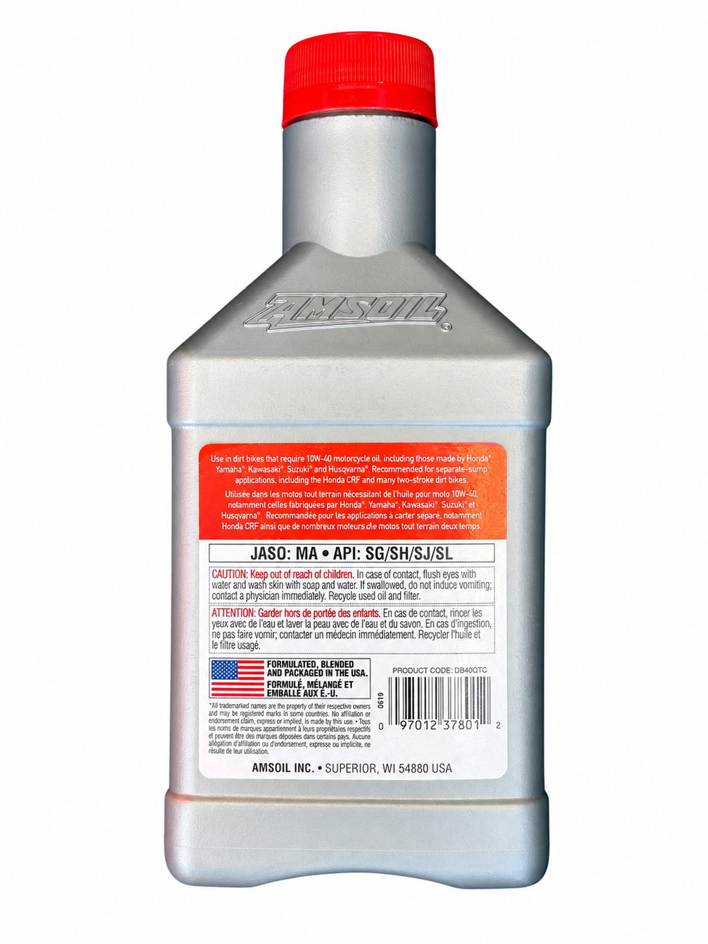 AMSOIL 10W-40 100% Synthetic Dirt Bike Oil, 946 mL bottle - back label