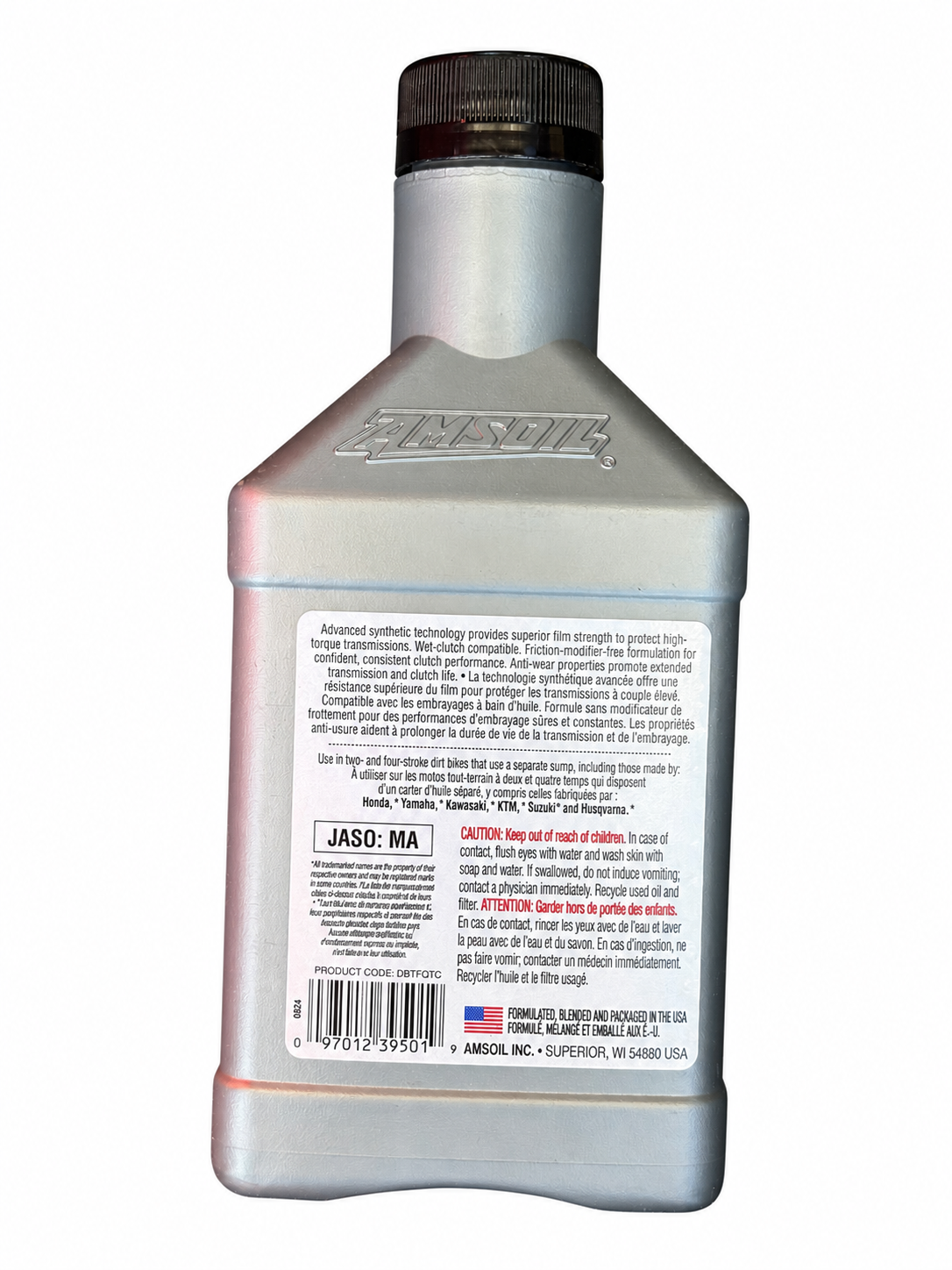 AMSOIL 100% Synthetic Dirt Bike Transmission Fluid SAE 80, 946 mL bottle - back label