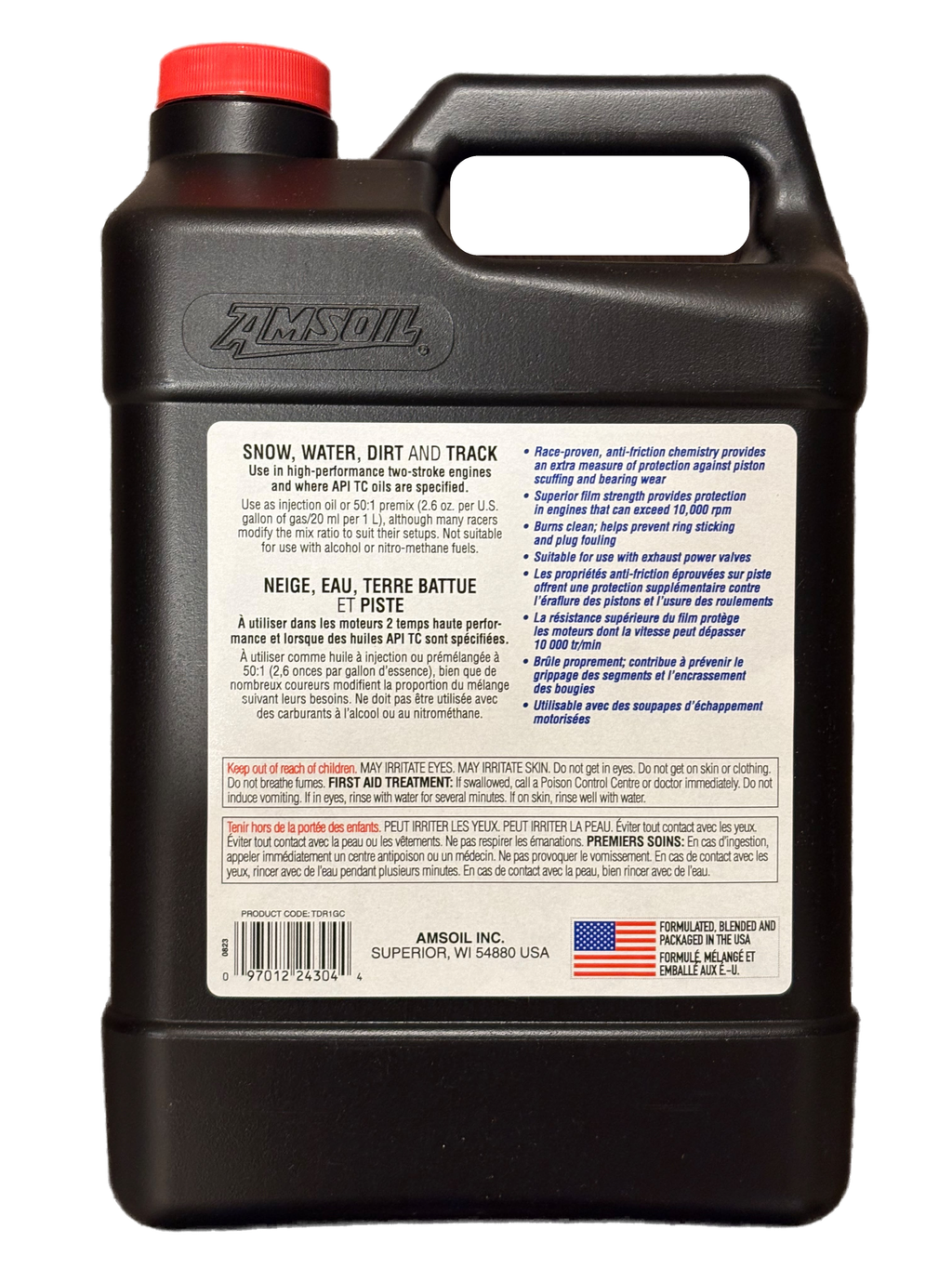 AMSOIL DOMINATOR 100% Synthetic 2-Stroke Racing Oil 3.78 L back label