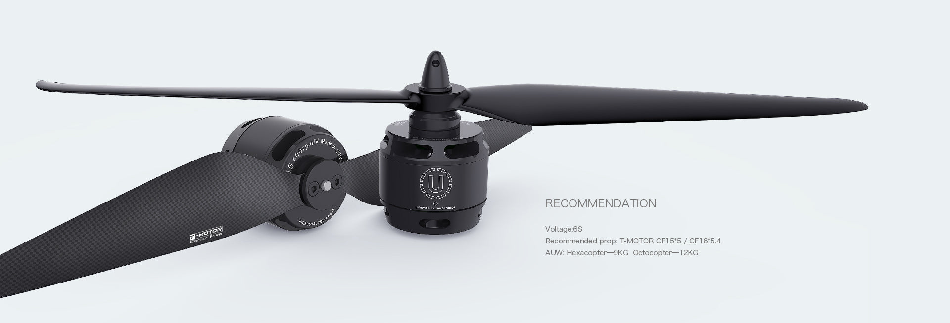 T-MOTOR U5 KV400 recommended 6S power system and propeller sizes; accessories sold separately